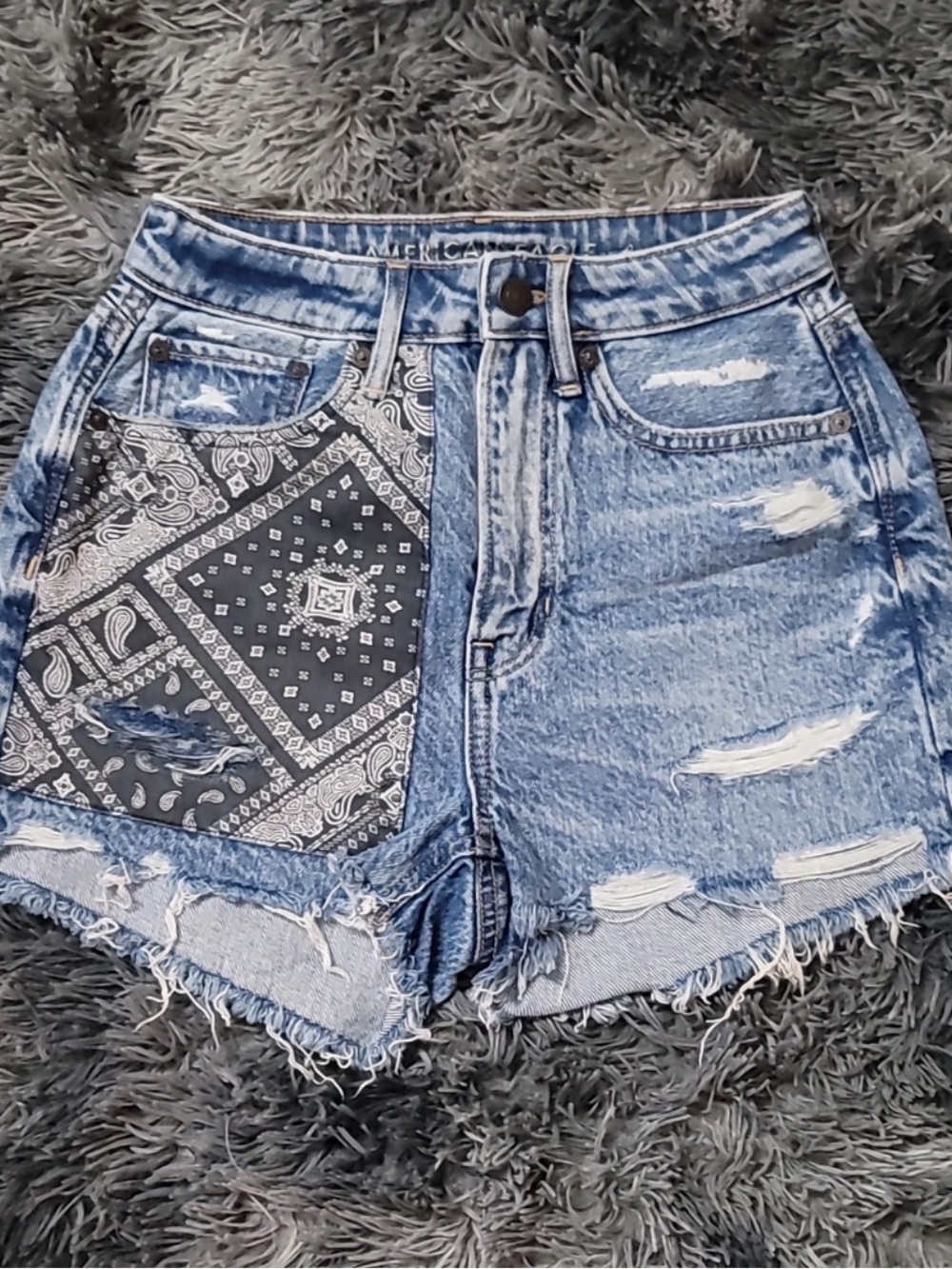 American Eagle Outfitters Distressed Blue Denim Shorts with Black Bandana Patch